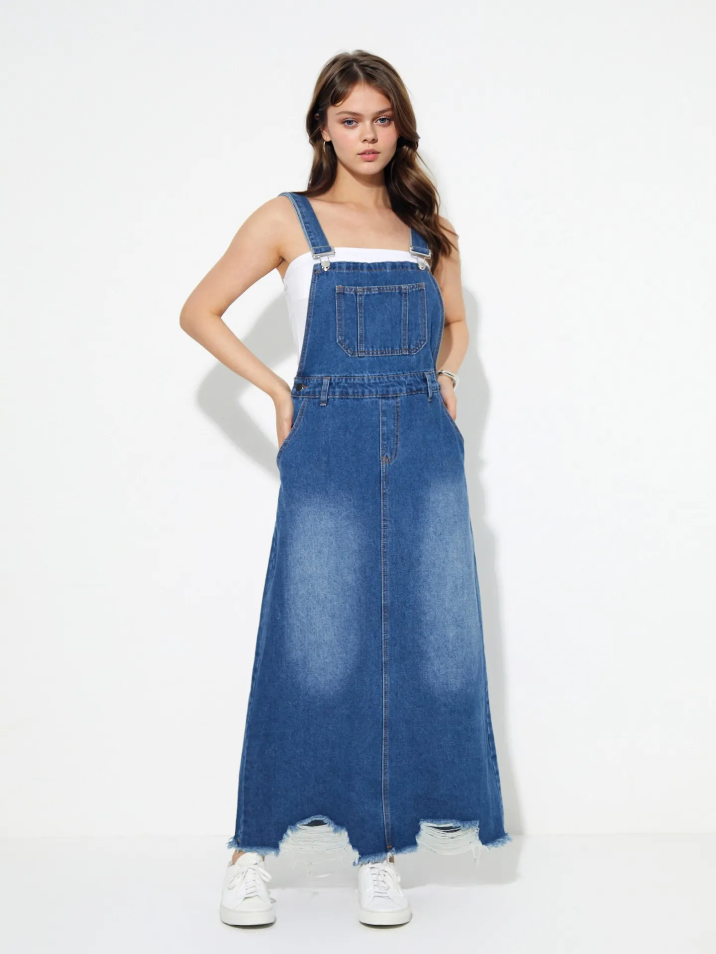 Denim pinafore outfit best sale