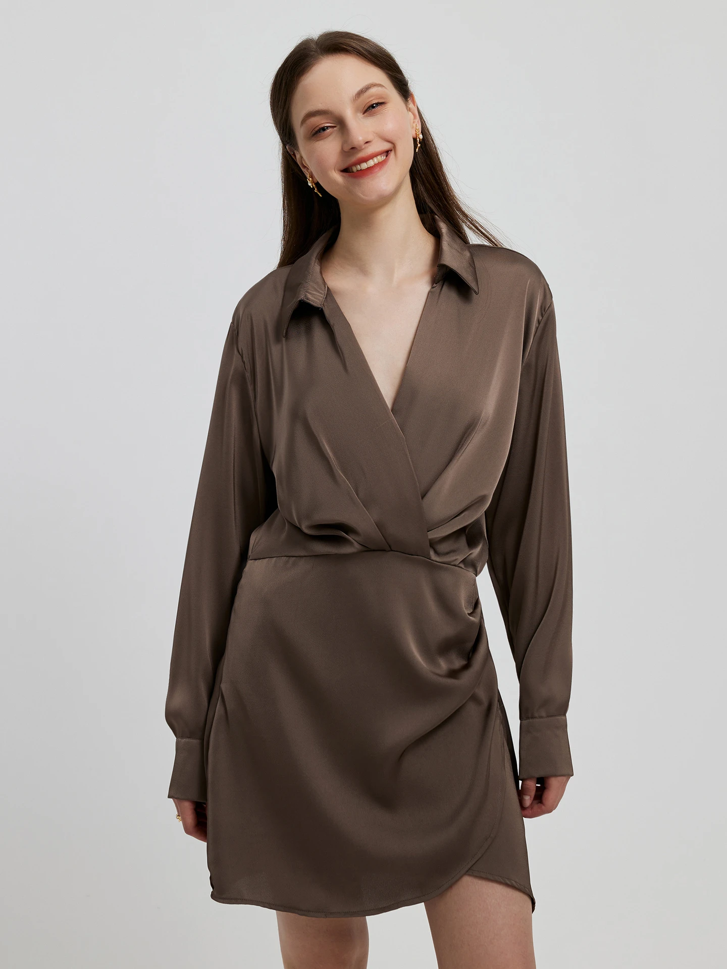 Khaki satin wrap dress best sale