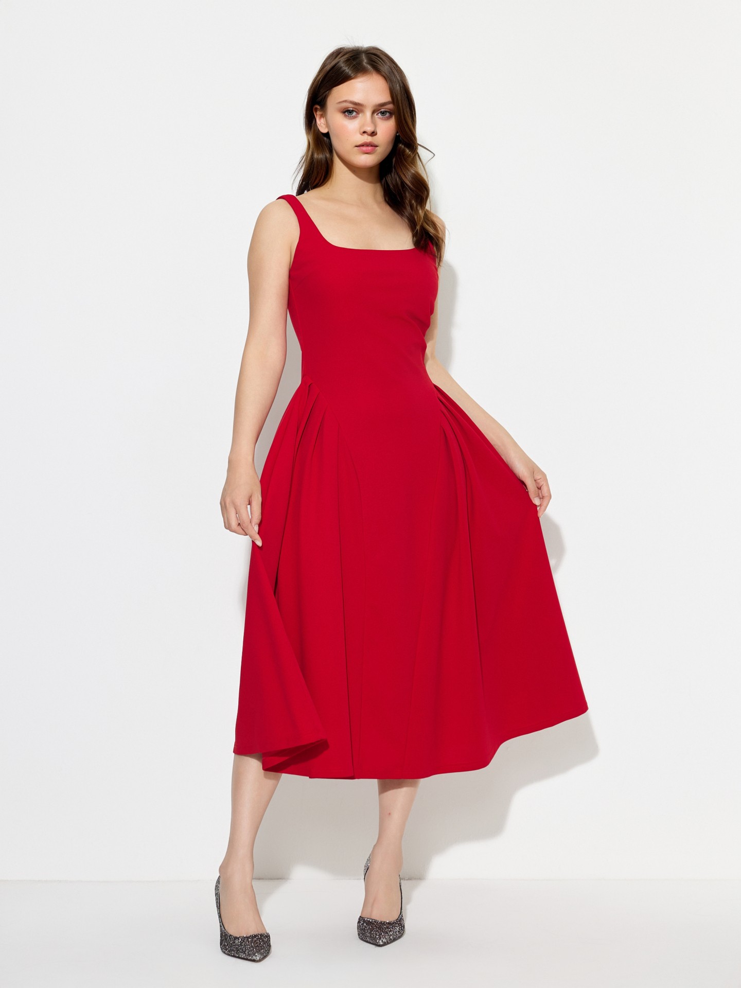 Red Pleated A-Line Dress