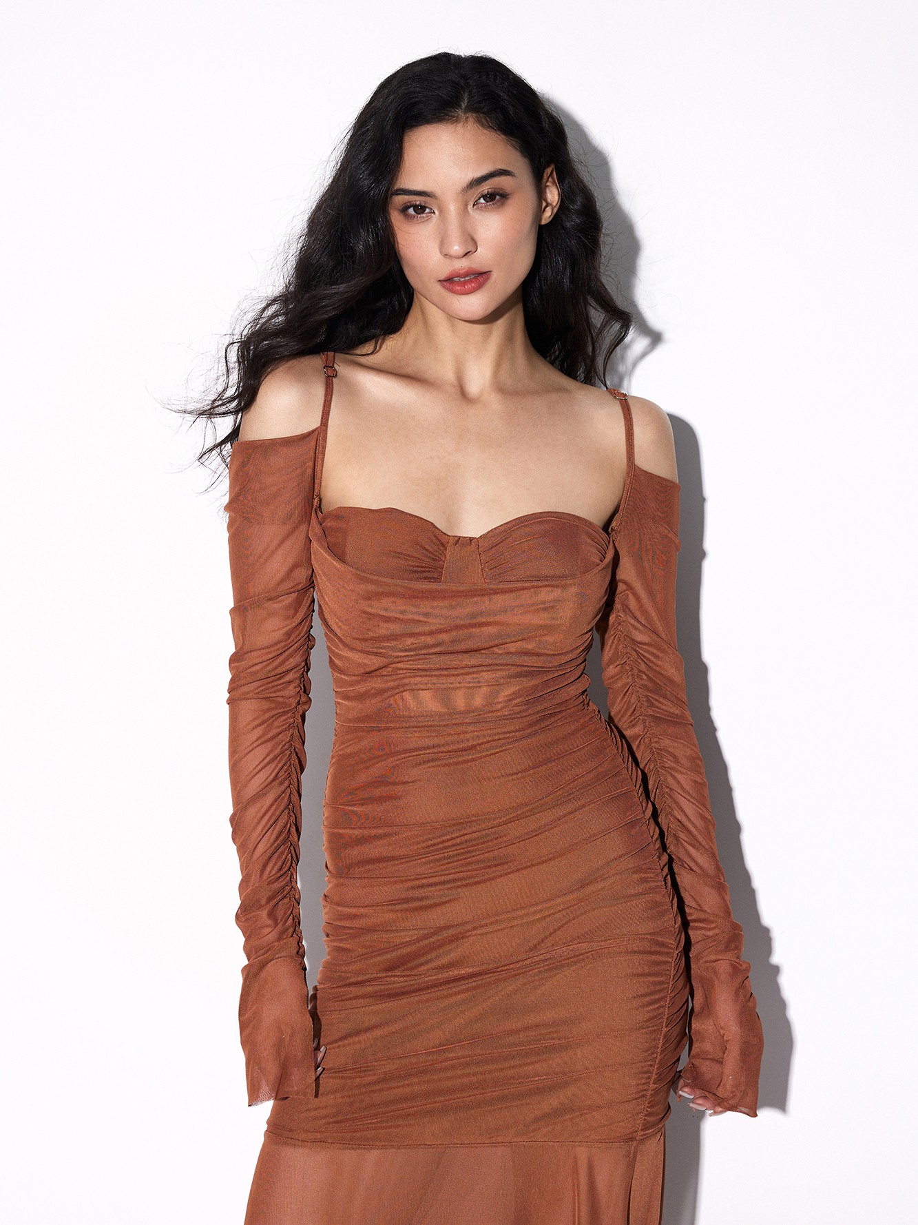 Brown Cold-Shoulder Ruched Bodycon Dress