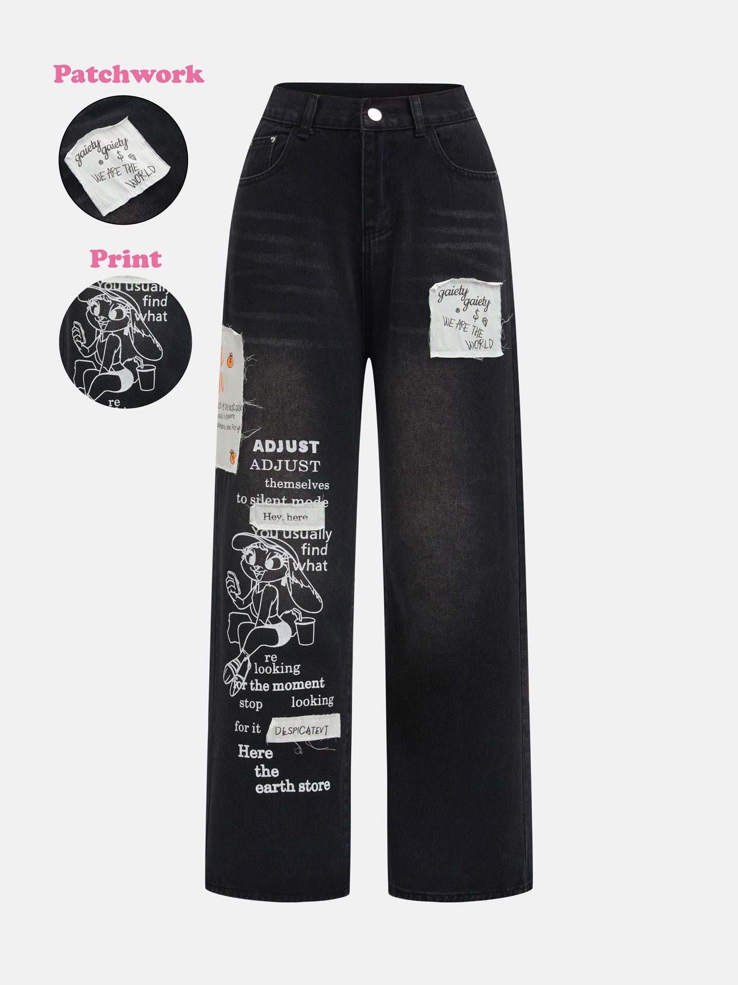 Black Printed Straight Leg Jeans