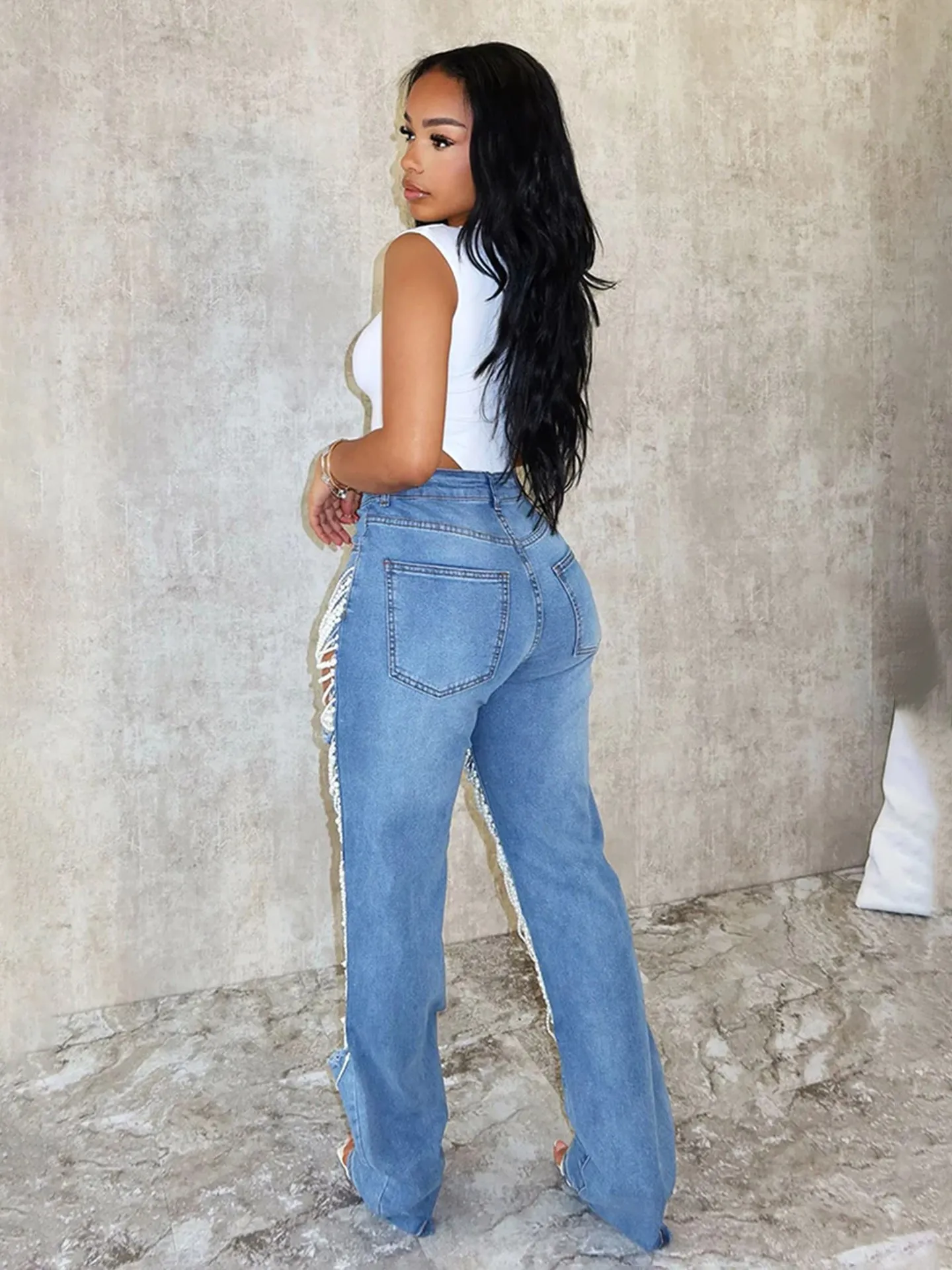Light Blue Extreme Rip Inside Leg Split Straight Jeans - Rosina main image 1