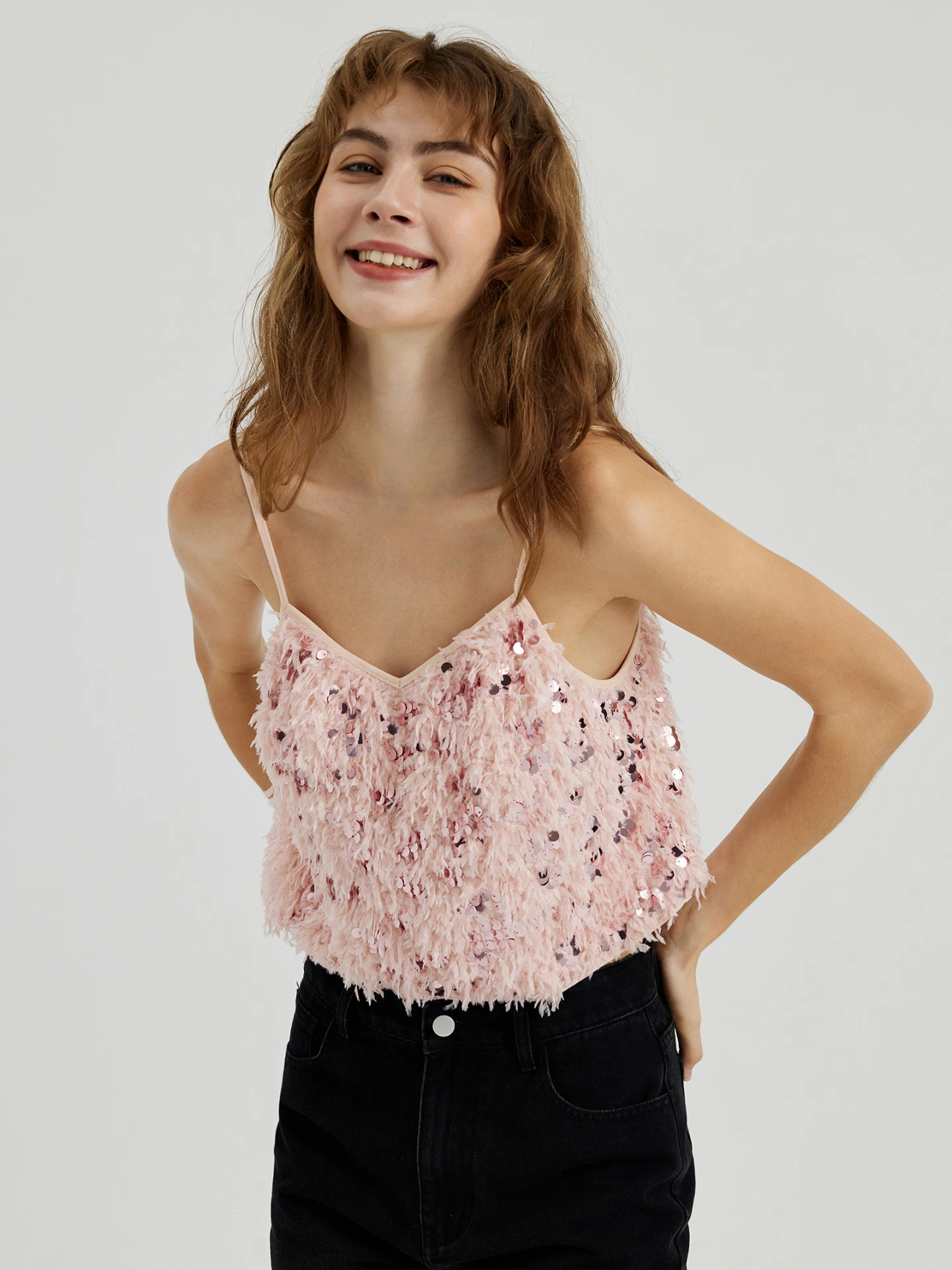 トップス THEREDTHREAD S fur sequins camisole theredthread fur sequins camisole
