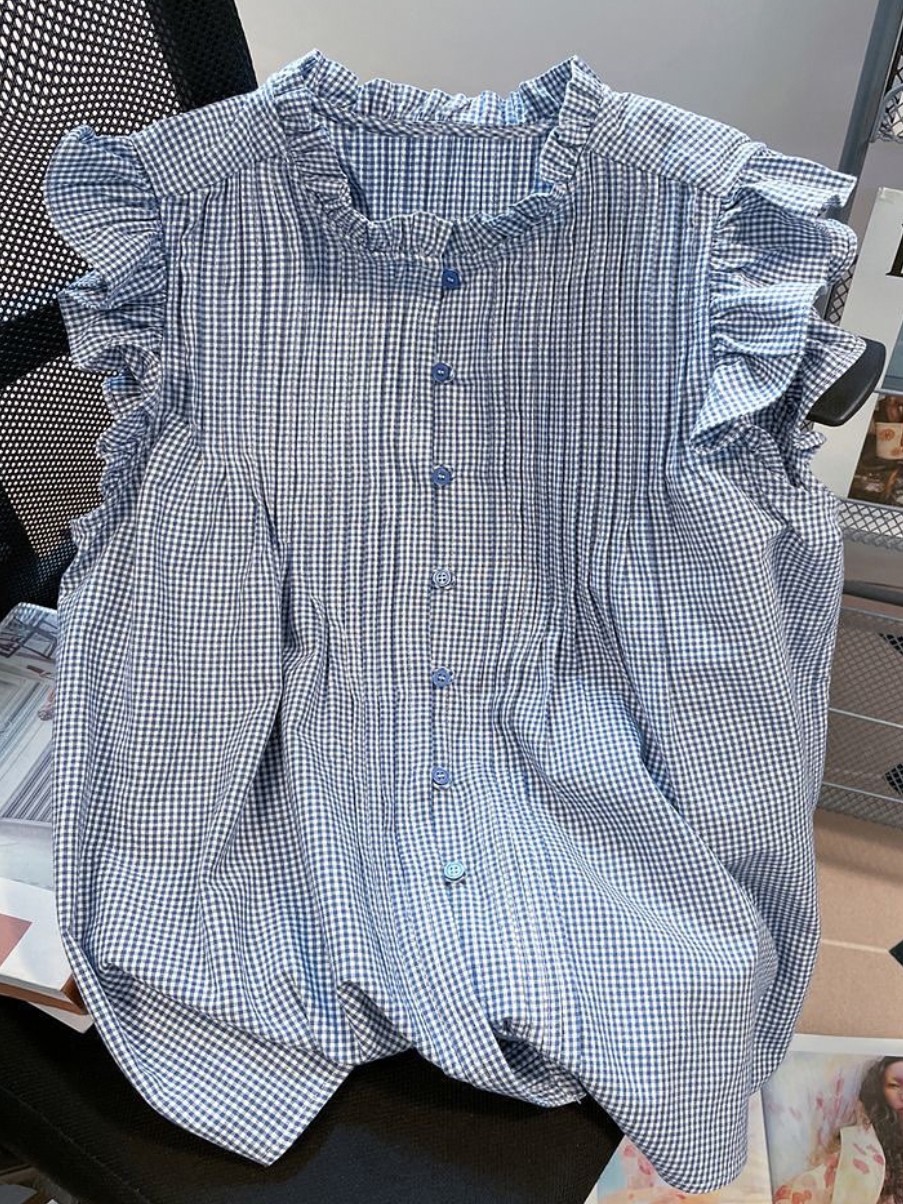 Blue Ruffle Placket Blouse