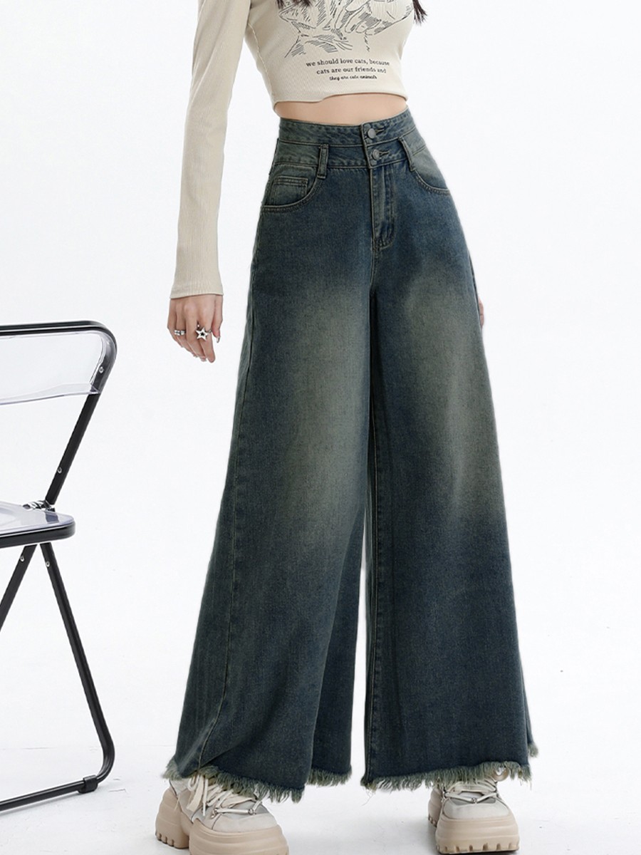 Blue Raw Hem Wide Leg Jeans