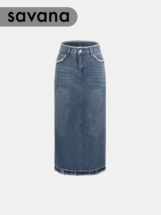 Raw Hem Denim Straight Skirt